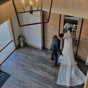 Sheath David’s Bridal White Lace Wedding Dress